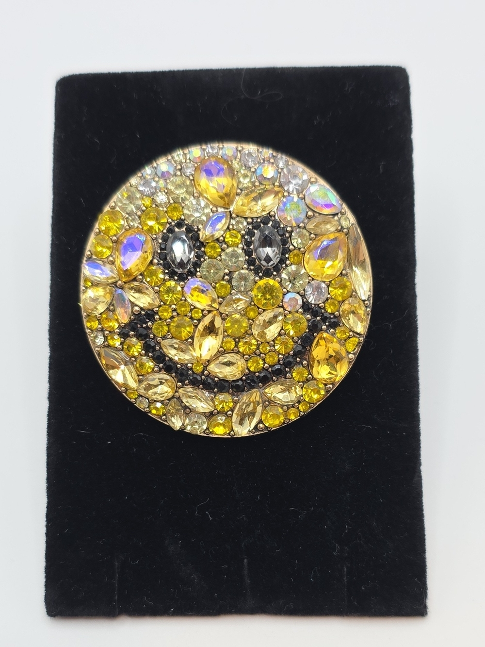 Yellow Rhinestoned Smiley Face Brooch Pin
